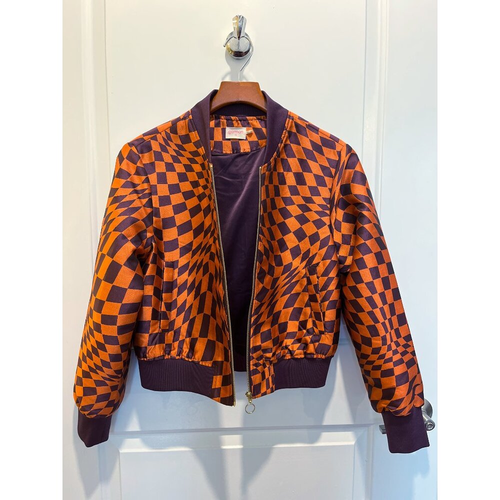 Gorman Warped Check Bomber Jacket in Orange & Purple Jacquard, Size 6, Like New